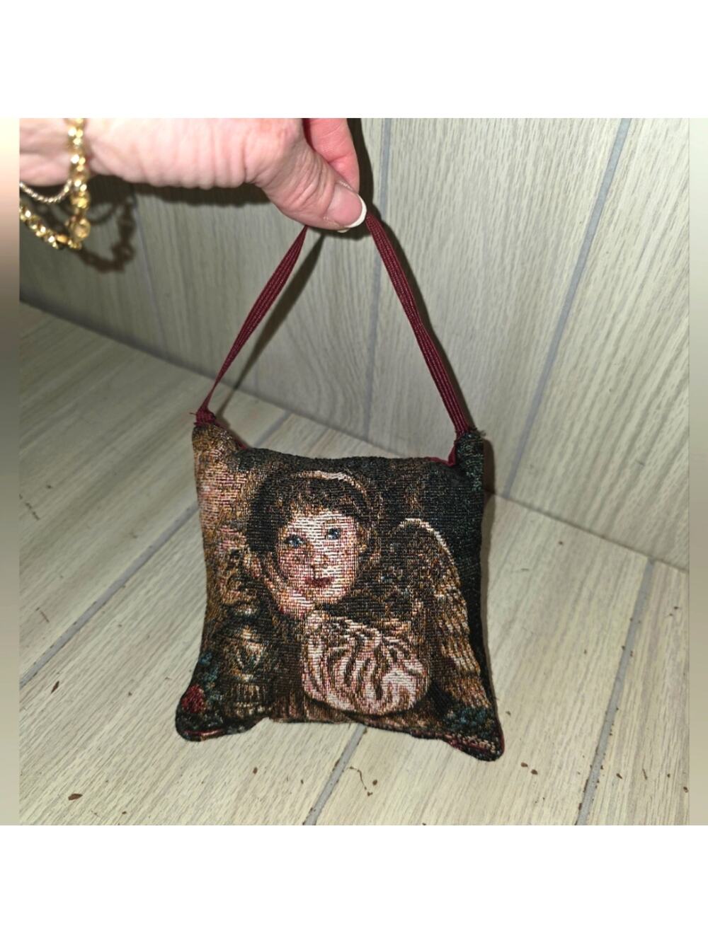 Vtg Victorian Style Miniature Angel Tapestry Pillow Donna Richardson Boho